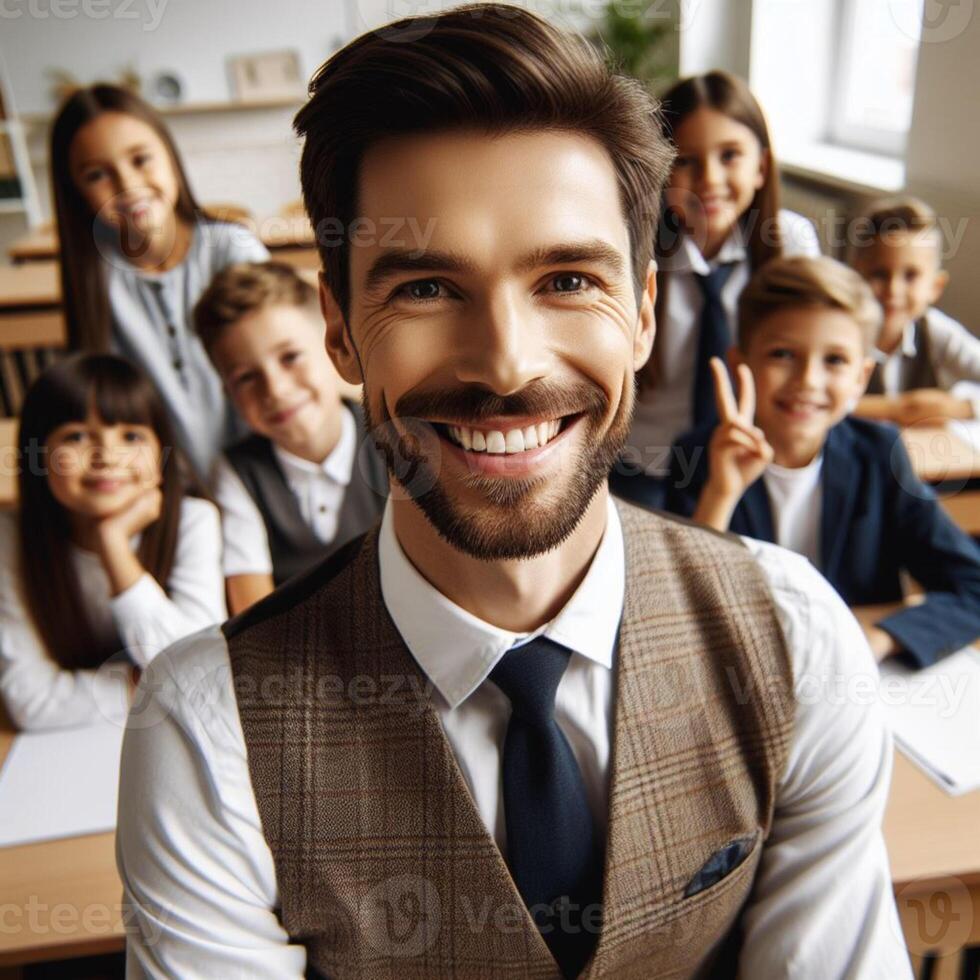 ai generiert gut aussehend männlich Professor Lehrer mit Studenten posieren zum Fotoshooting foto