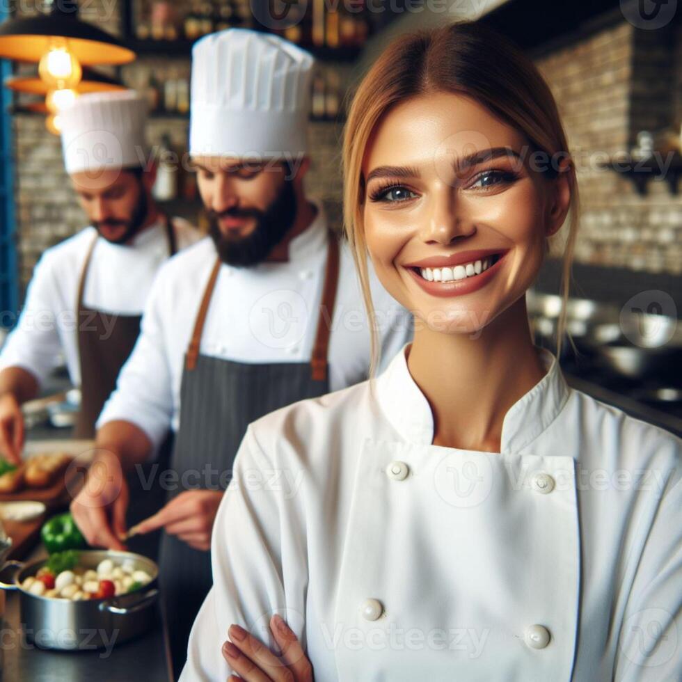 ai generiert männlich Koch und weiblich Koch Arbeiten Innerhalb ein Restaurant lächelnd posieren zum Fotoshooting foto