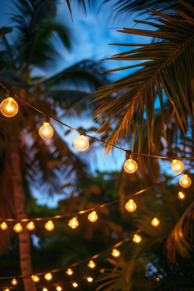 ai generiert schön Hintergrund zum Werbung ein Nacht Sommer- Party mit Palme Bäume, Girlanden von Licht Glühbirnen und viel von Raum im das Center zum Text foto