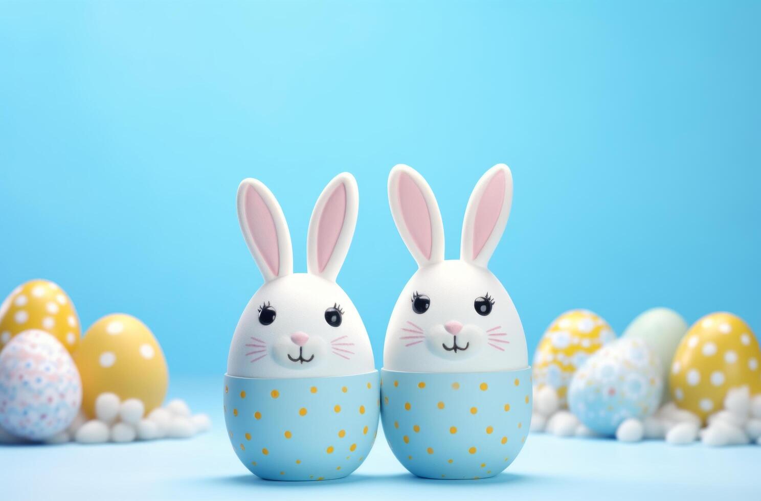 ai generiert Ostern Hasen auf Blau Hintergrund mit farbig Eier Ostern foto