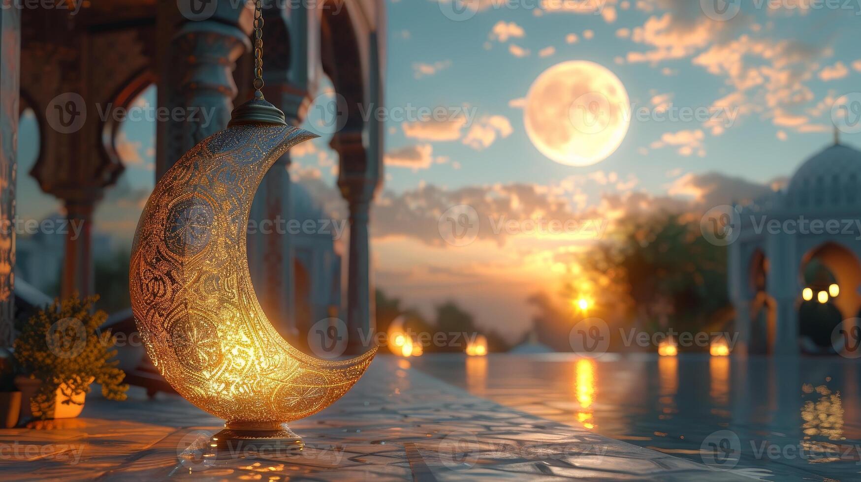 ai generiert 3d Illustration von ein islamisch Dekoration Hintergrund mit Laterne und Halbmond Mond, Ramadan karem, Schlund, Iftar, eid al fitr Adha, Muharram, Kopieren Raum und Text Bereich. foto