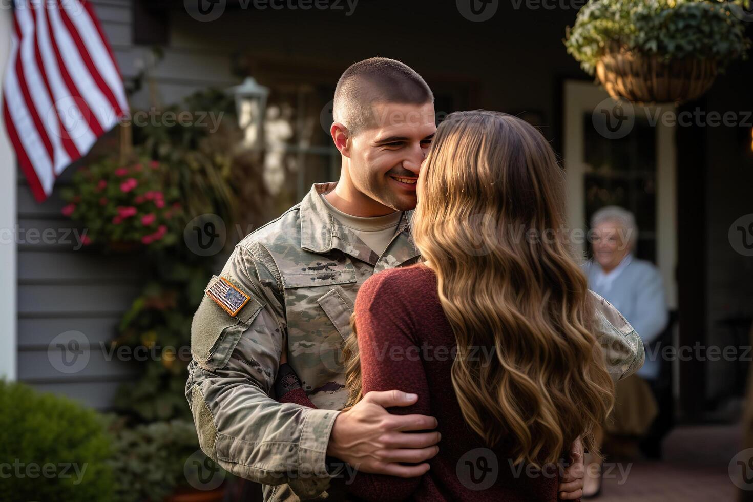 ai generiert glücklich amerikanisch Soldat wiedervereinigt mit Familie foto