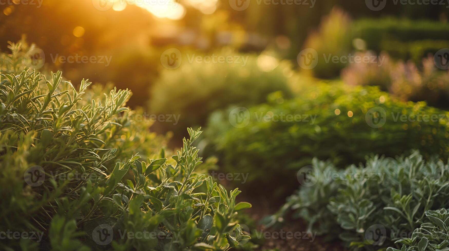ai generiert das golden glühen von Sonnenuntergang badet ein Garten voll von Kräuter, Erstellen ein warm und einladend Atmosphäre im das üppig Grün Raum. foto