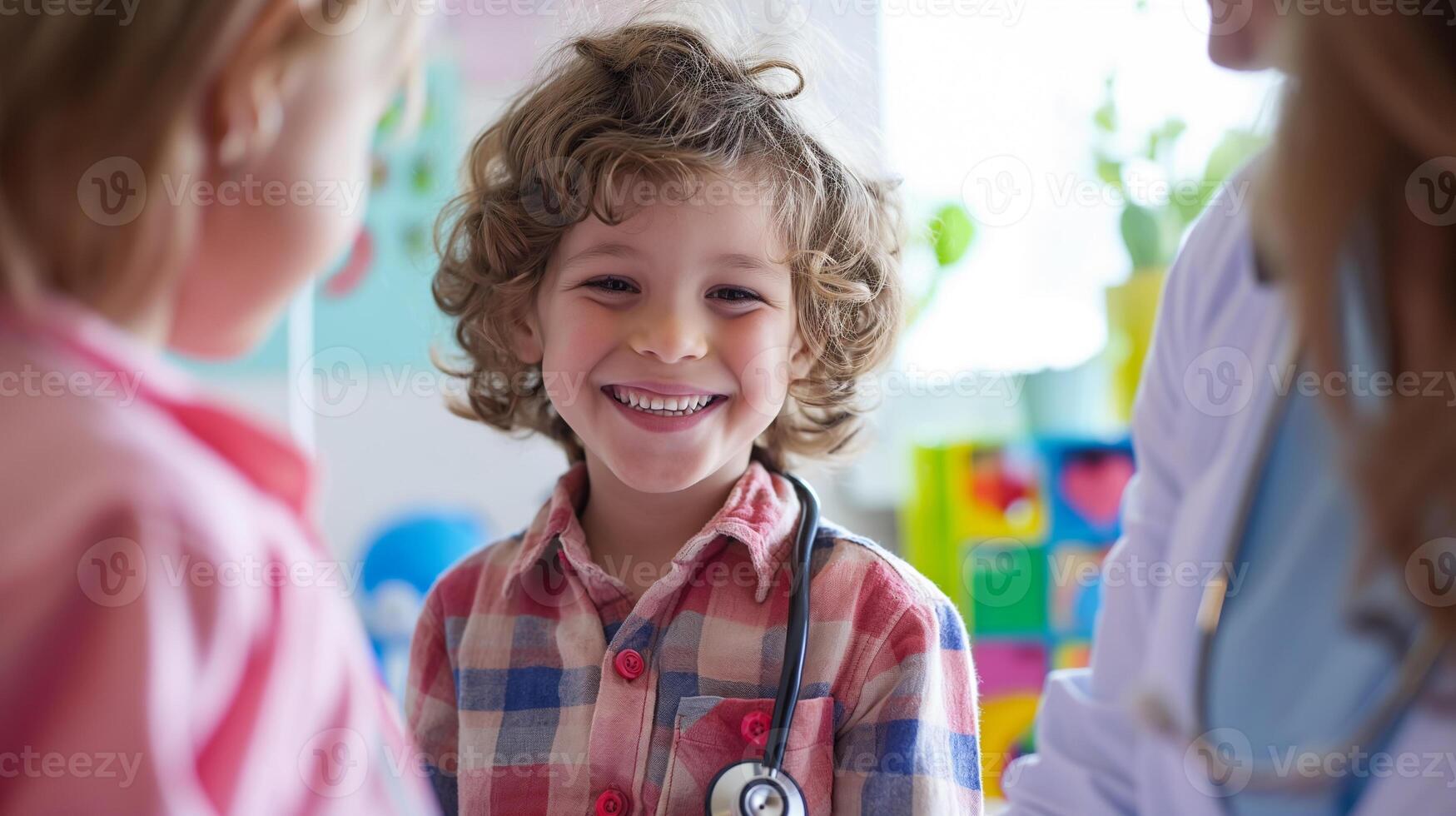 ai generiert ein heiter jung Kind mit lockig Haar Balken glücklich während spielen Arzt mit ein Stethoskop, im ein bunt Spielzimmer Umfeld. foto