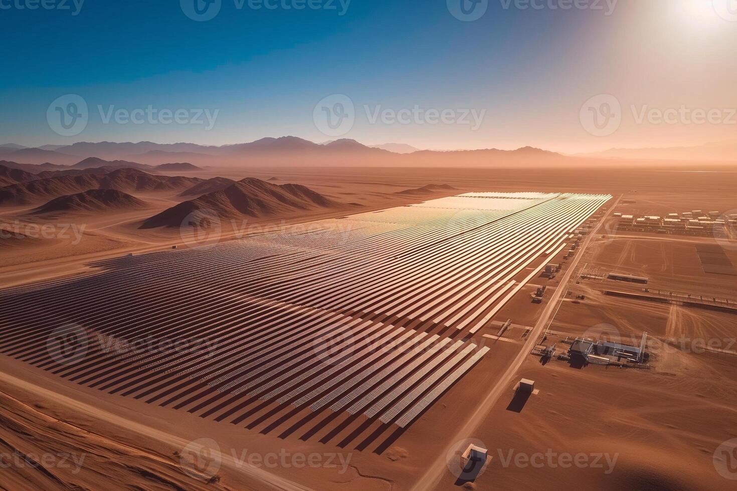 ai generiert das Sonne erhebt sich, Gießen ein golden glühen Über ein umfangreich Array von Solar- Paneele inmitten ein Wüste Landschaft. foto