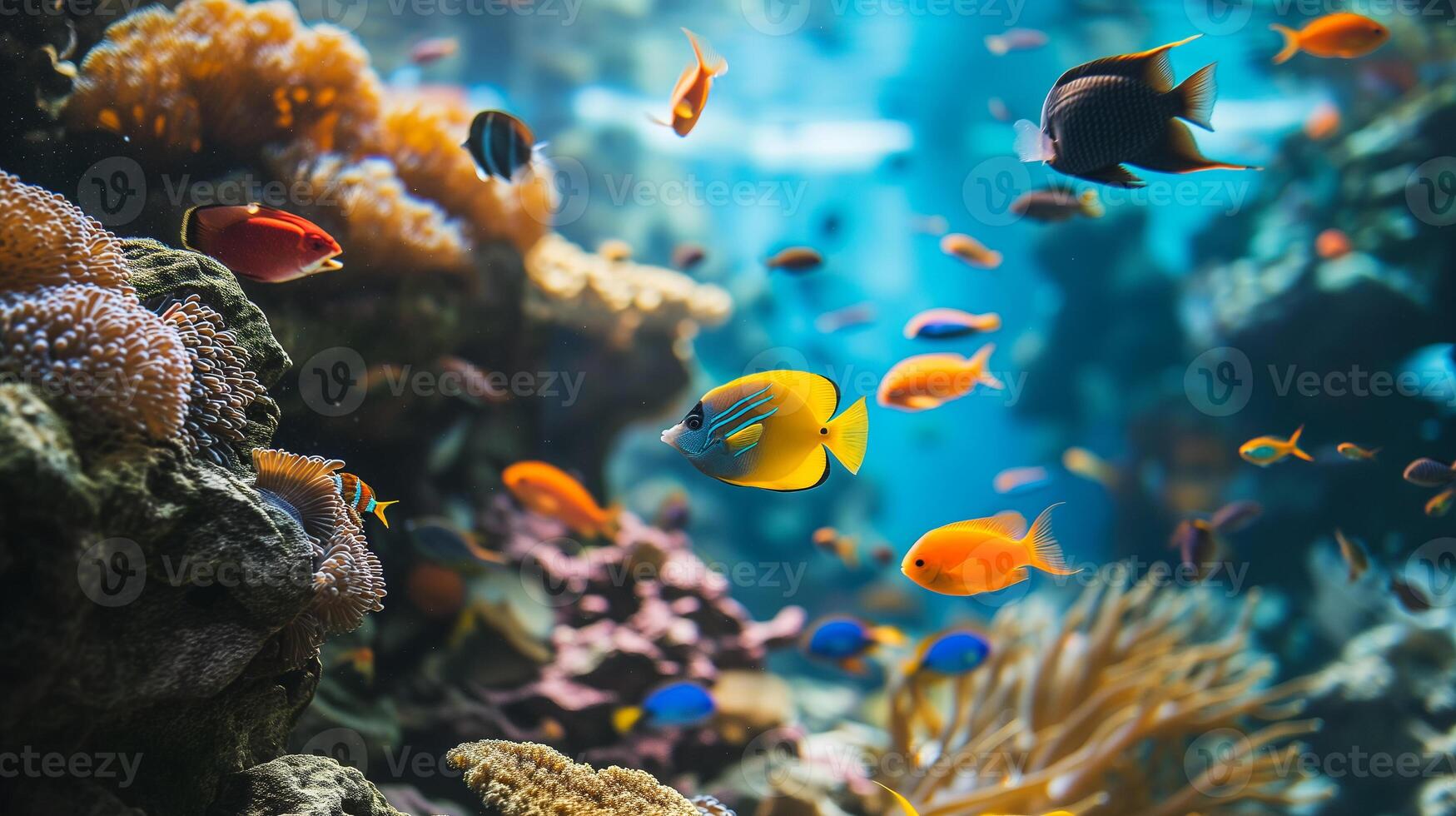ai generiert bunt tropisch Fisch Schwimmen unter Koralle Riffe im ein Aquarium Einstellung, präsentieren Marine Biodiversität und unter Wasser Leben. foto