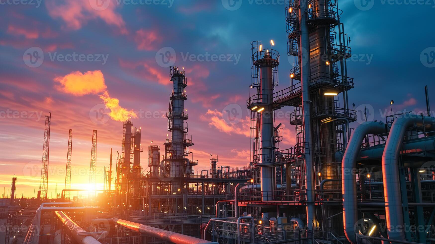 ai generiert ein Öl Raffinerie mit hoch aufragend Destillation Säulen und Abfackeln Stapel gegen ein dramatisch Sonnenuntergang Himmel, abbilden industriell Energie Produktion. foto