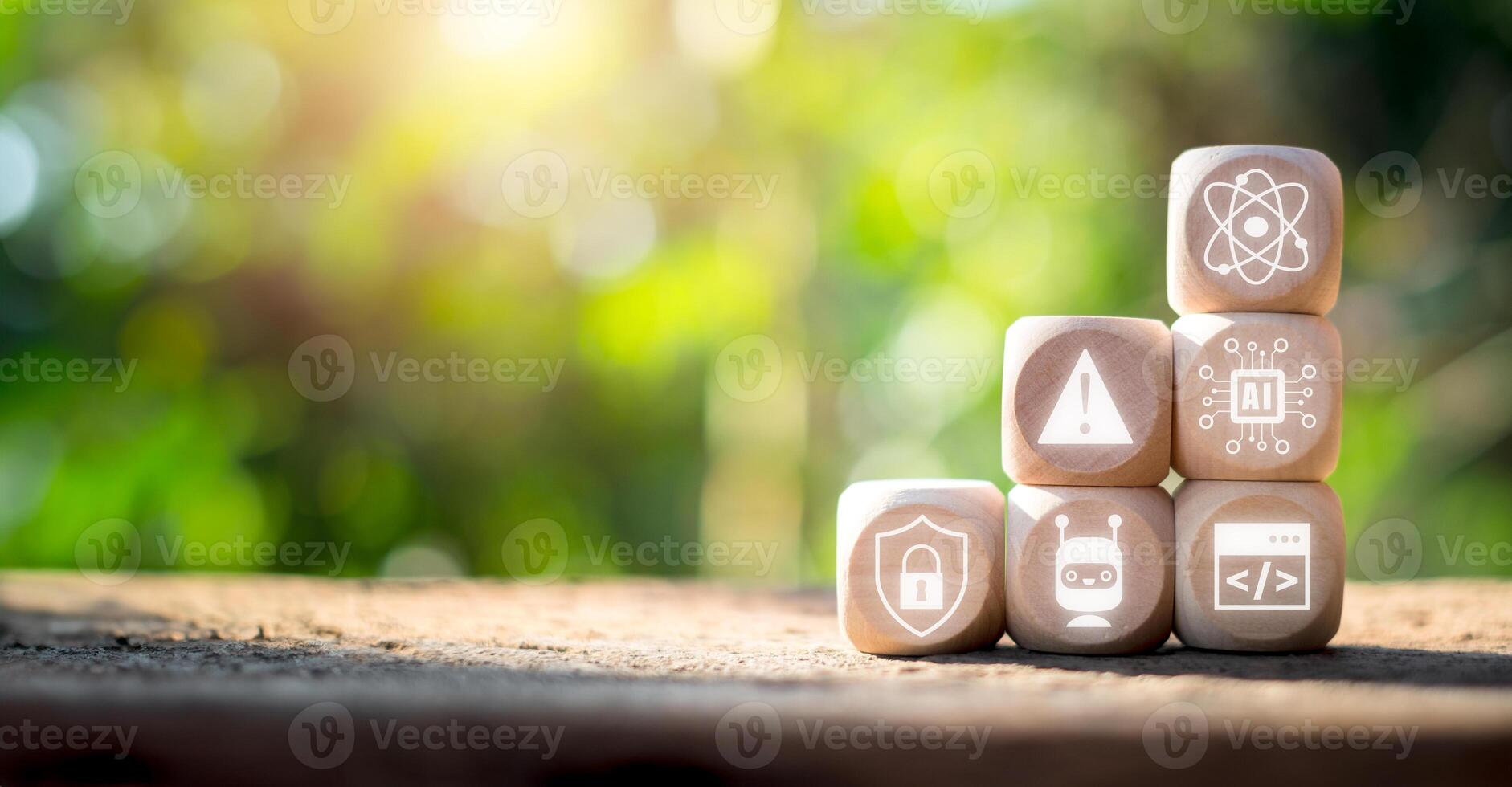 Computer Wissenschaft Konzept, hölzern Block auf Schreibtisch mit Computer Wissenschaft Symbol auf virtuell Bildschirm. foto