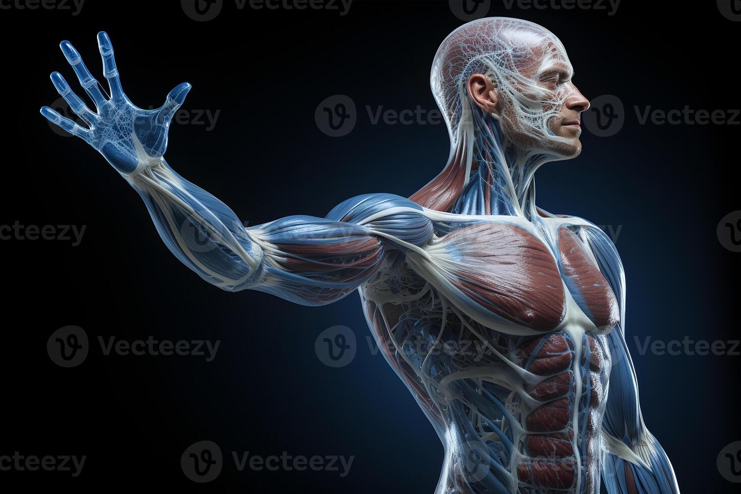 ai generiert höchst detailliert Visualisierung von das Mensch muskulös und Kreislauf Systeme im ein männlich Zahl foto