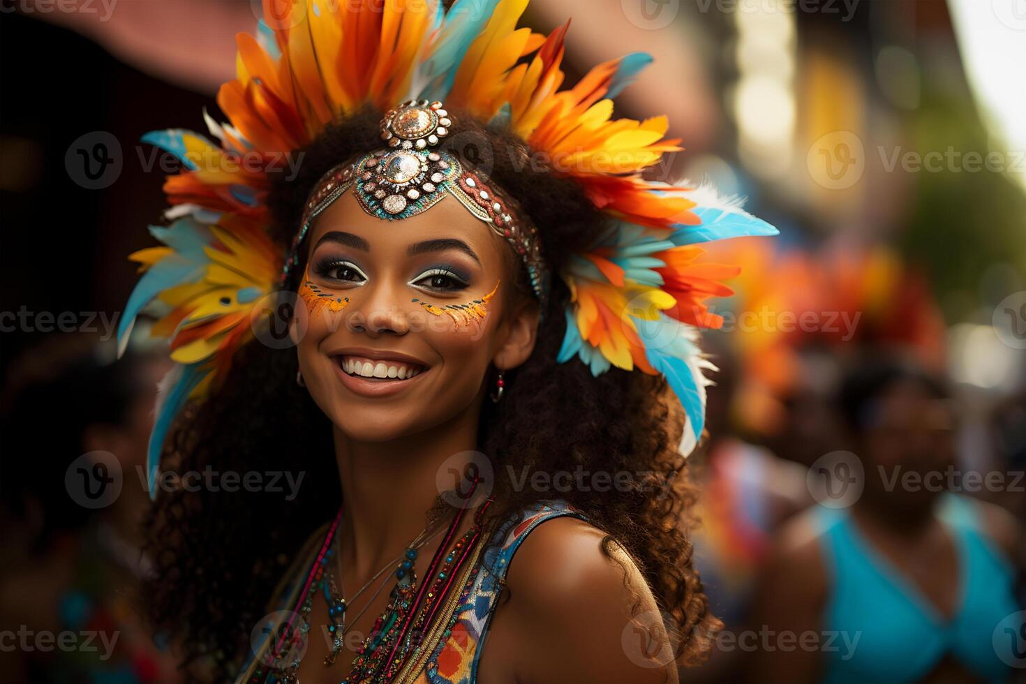 ai generiert beschwingt Karneval Tänzer lächelnd mit ein bunt Feder Kopfschmuck und Gesicht Farbe foto