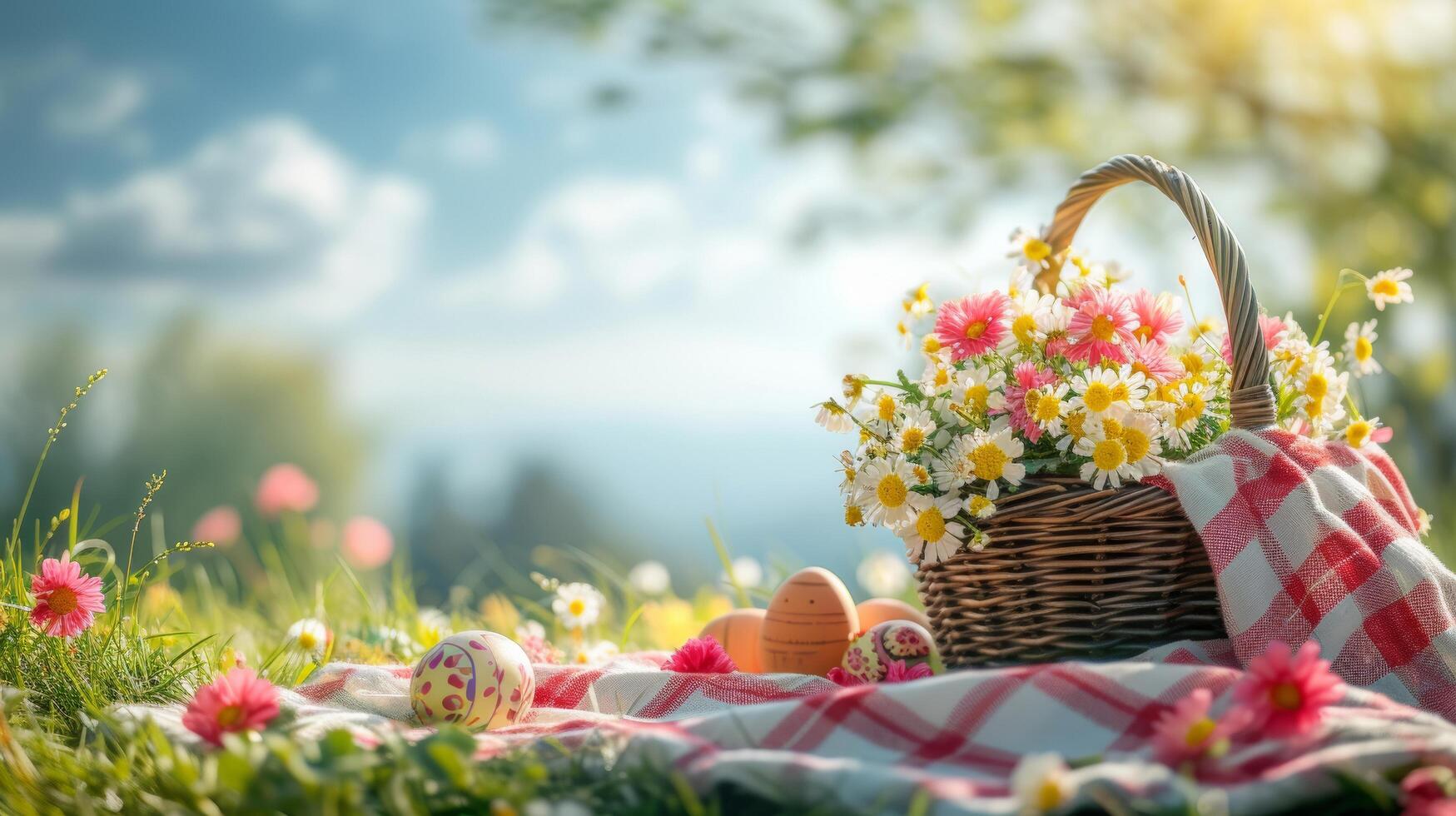 ai generiert ein Plaid Decke, ein Korb von Leckereien, und Blühen Blumen zum ein festlich Picknick foto