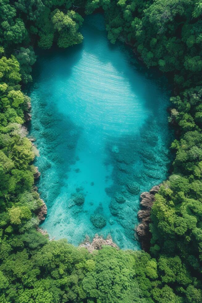 ai generiert ein Mischung von Türkis Wasser und üppig Grün Transporte Sie zu ein tropisch Paradies gesehen von über foto