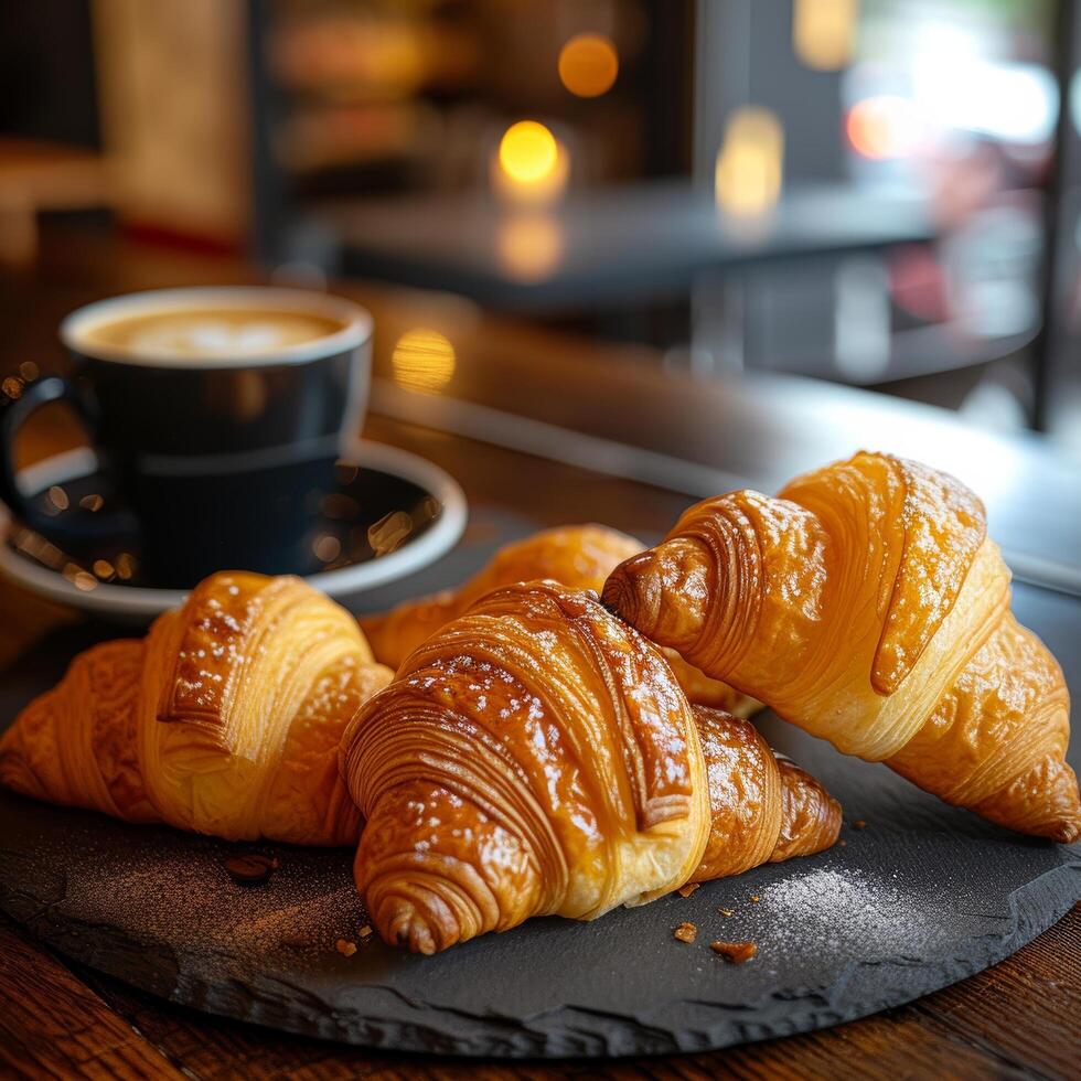 ai generiert warm Croissants und butterartig Gebäck, serviert mit ein Topf von frisch gebraut Kaffee. foto