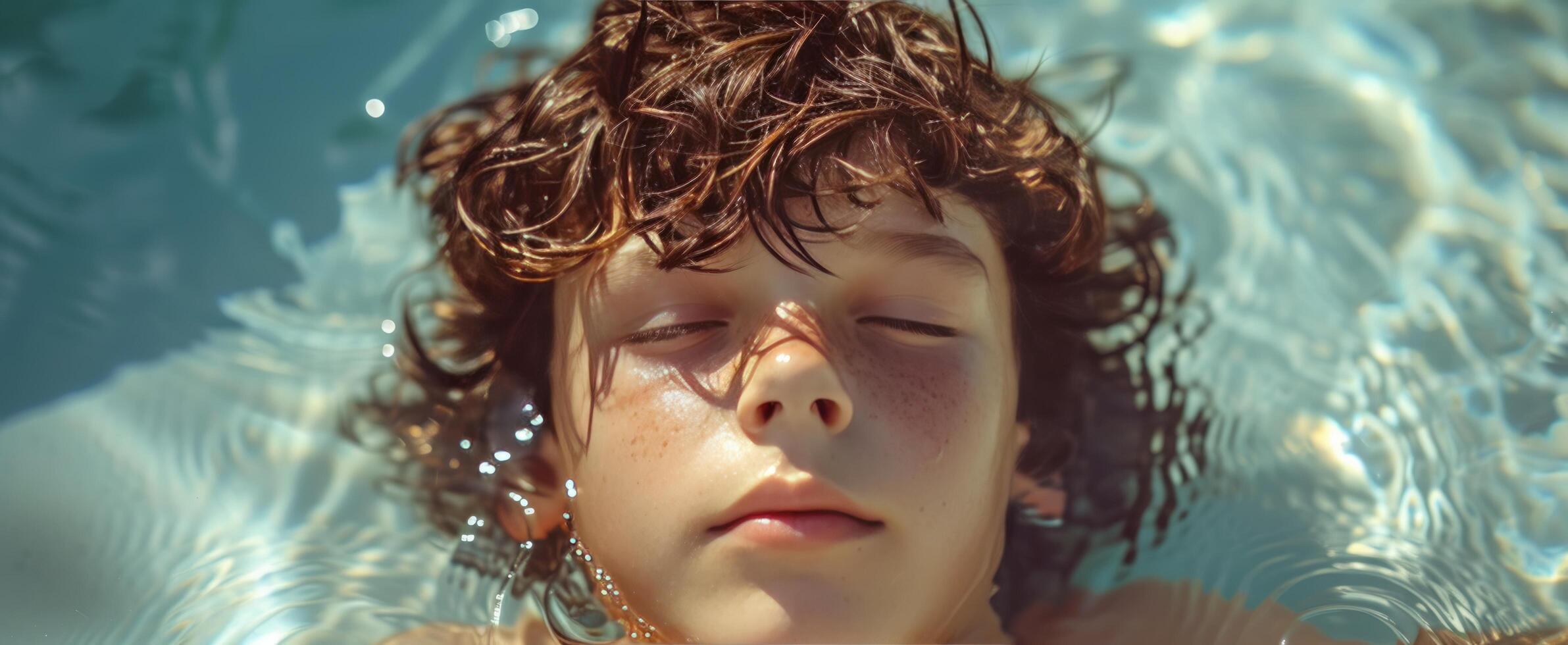 ai generiert ein jung Junge mit lockig Haar im ein Schwimmen Schwimmbad foto