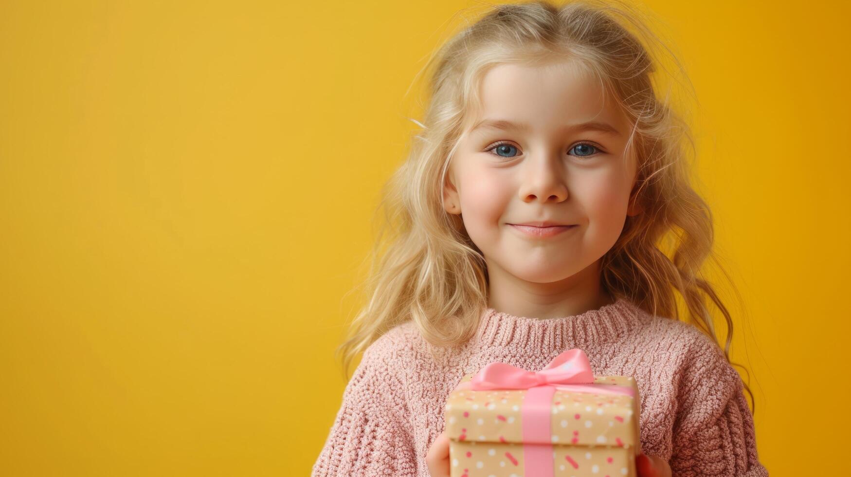 ai generiert ein jung blond Mädchen halten ein Geschenk Box im ein Studio mit ein Gelb Hintergrund foto