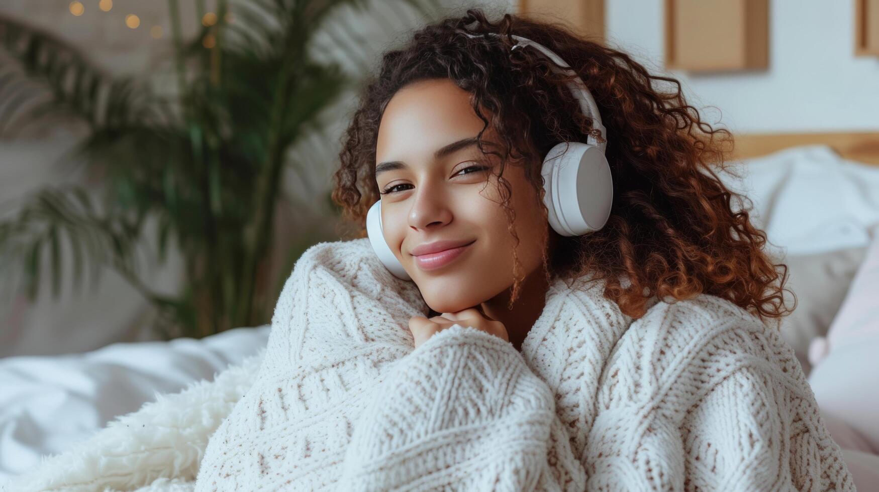 ai generiert ein zufrieden Mädchen sitzt im Bett mit Weiß Kopfhörer An, eingewickelt im ein gemütlich Weiß Decke foto