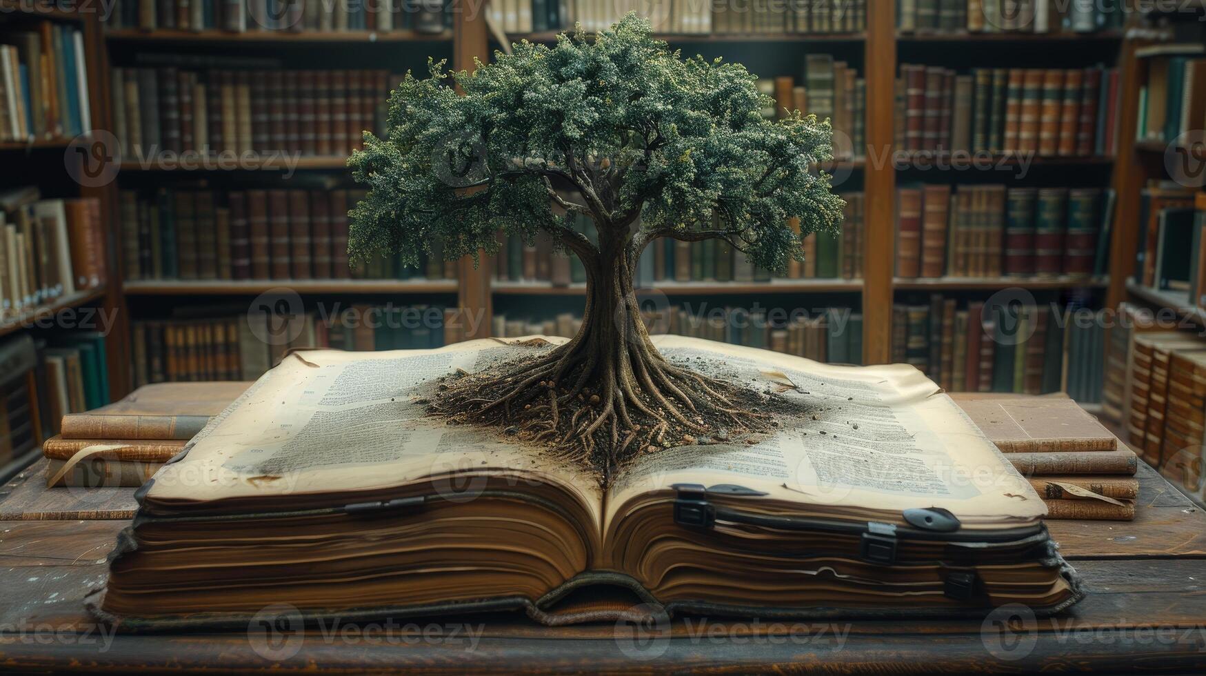 ai generiert ein Illustration von Welt Philosophie Tag Bildung Konzept mit Baum von Wissen Pflanzen im ein Bibliothek mit ein alt Buch, Stapel von Texte archiviert, und Gänge von Bücherregale im ein Schulen foto