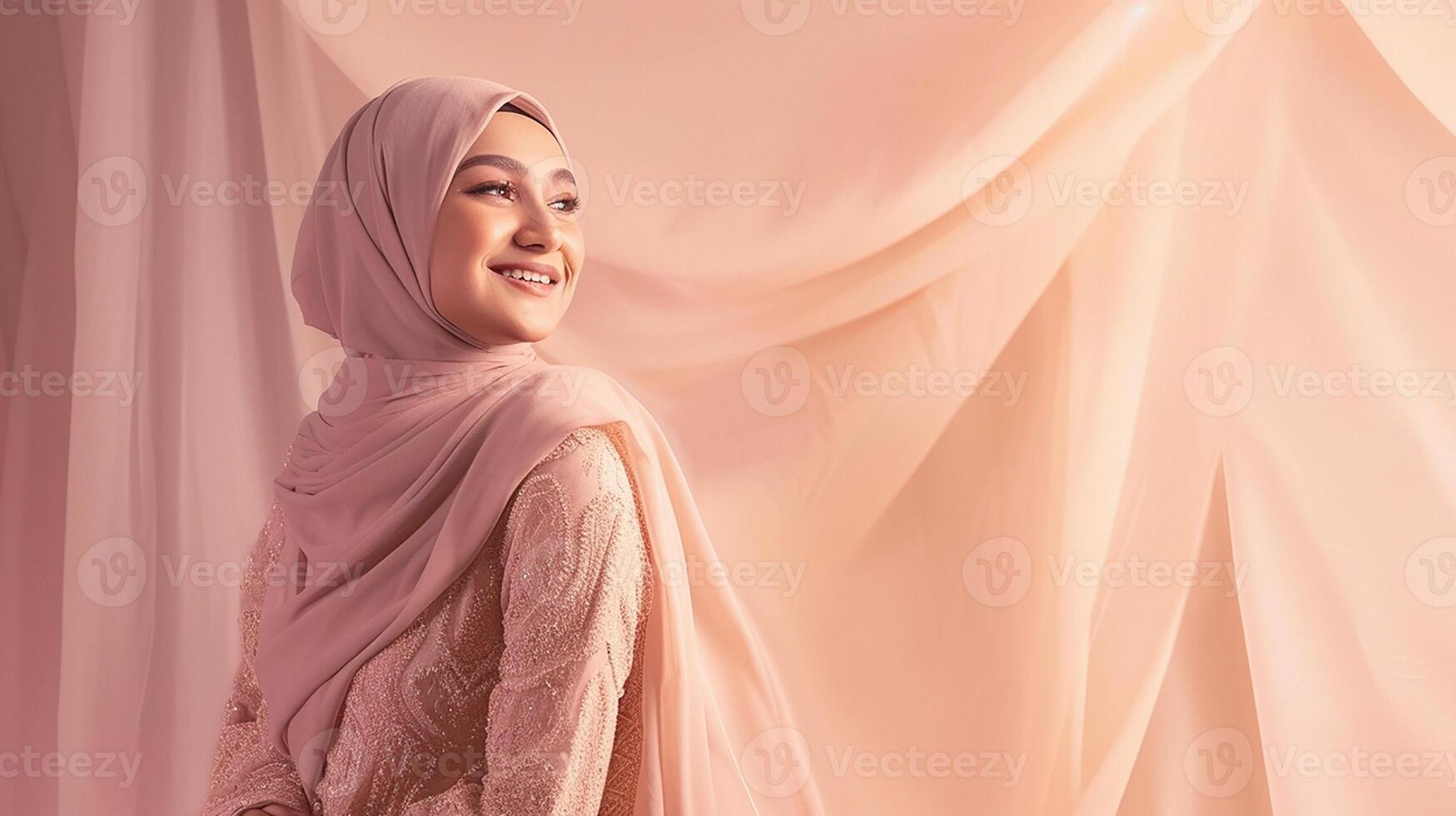 ai generiert schön Hijab tragen Frau im ein festlich Ramadan thematisch Foto-Shooting, präsentieren elegant islamisch Kleidung und freudig posiert im ein warm und einladend Studio Konfiguration foto