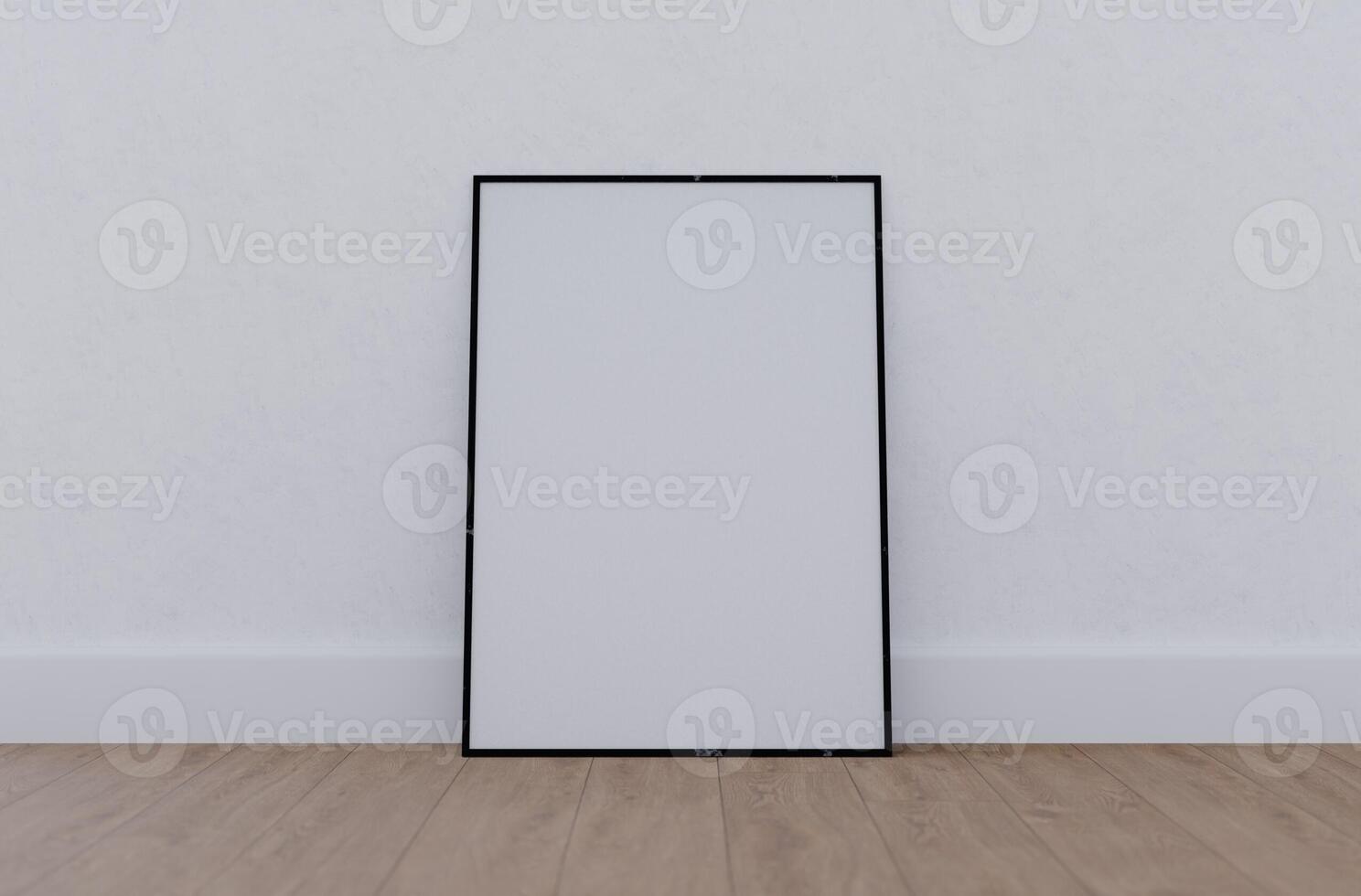 ein leer Weiß Rahmen Sitzung auf ein hölzern Fußboden foto