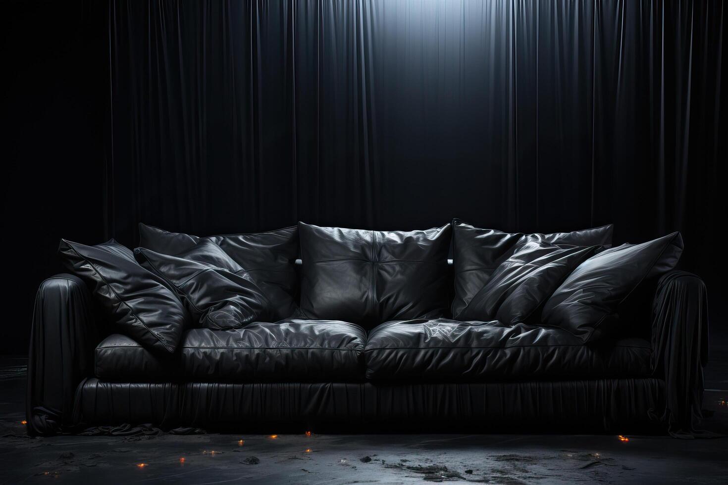 ai generiert schwarz Leder und ein groß Sofa auf ein schwarz Hintergrund. foto