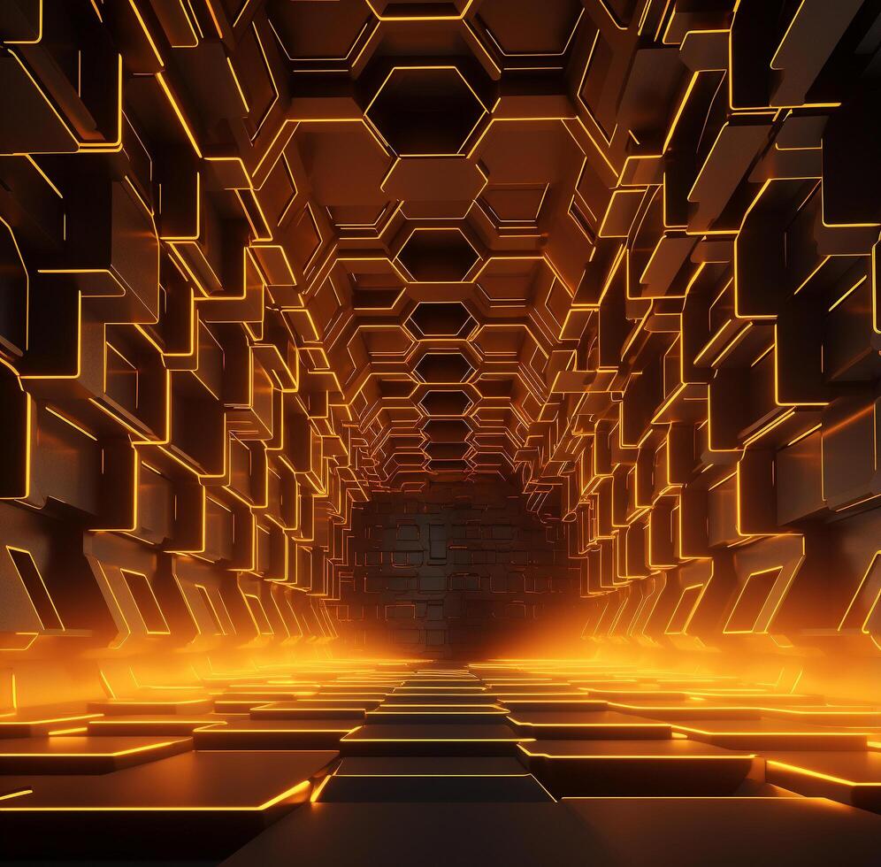 ai generiert Orange 3d Struktur, geometrisch Textur und Bienenstock im dunkel futuristisch Höhle Hintergrund ai generiert foto