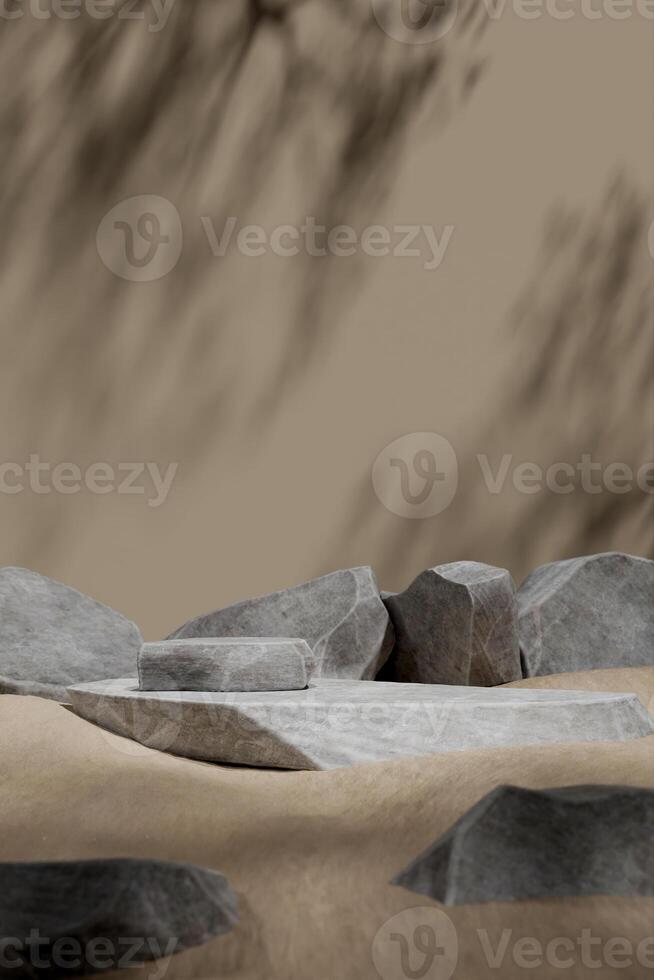 Stein Platten gestapelt auf ein Sand und Felsen Attrappe, Lehrmodell, Simulation Szene, Baum Schatten im das Hintergrund. abstrakt Hintergrund. 3d Rendern foto