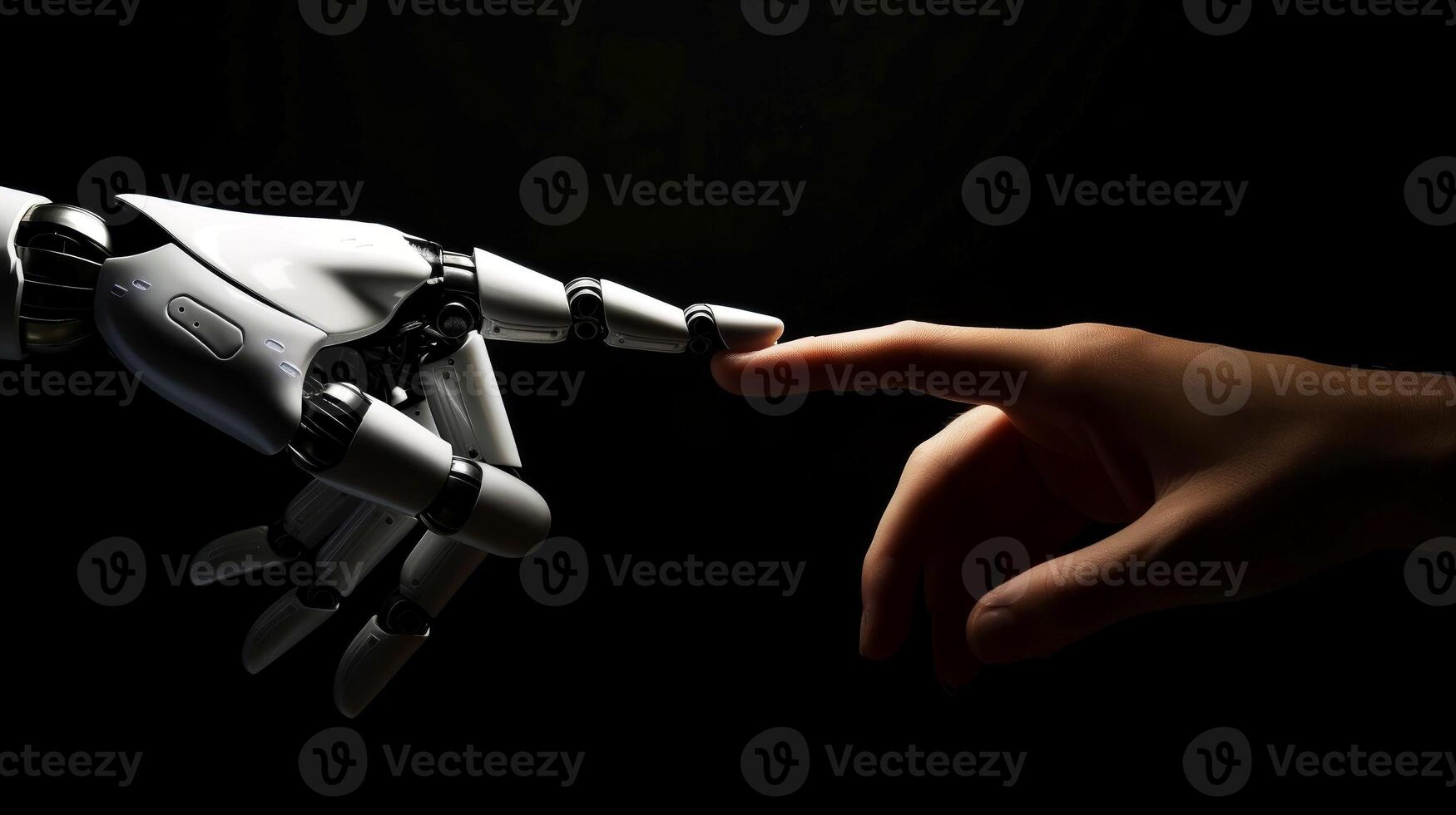 ai generiert Roboter Finger Herstellung Kontakt mit Mensch Finger, generativ ai foto