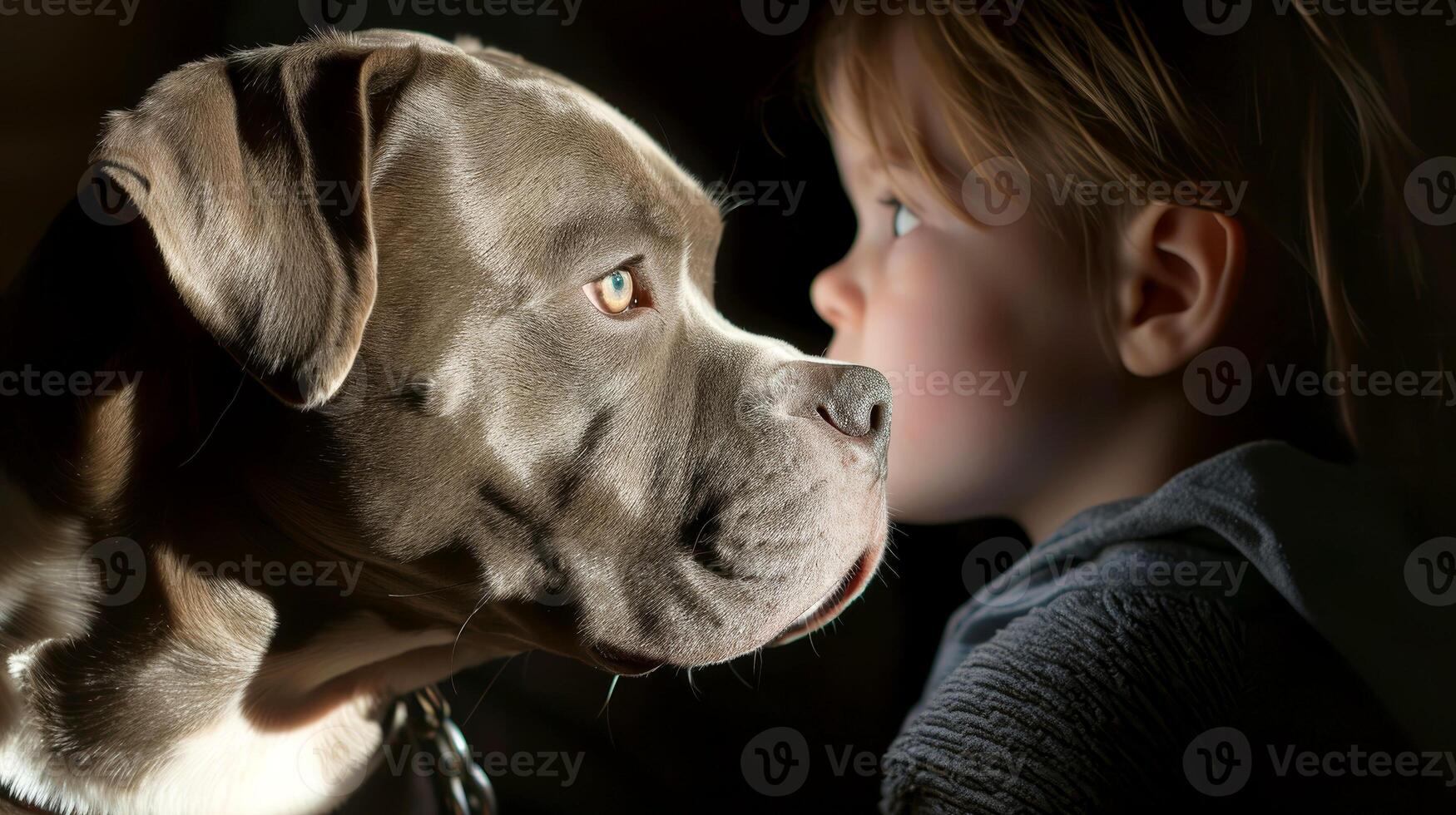 ai generiert Nahaufnahme, süß wenig Junge posieren mit das Hund beim heim, generativ ai foto