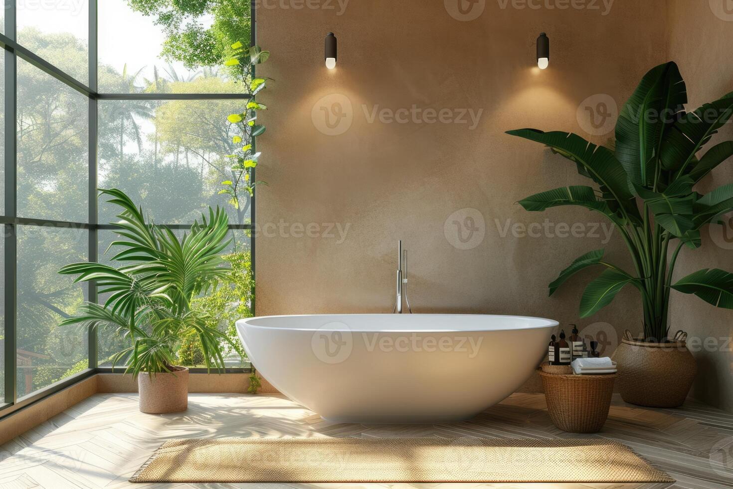 ai generiert modern Badezimmer minimalistisch Design, freistehend Wanne, umweltfreundlich Dekor beleuchtet umgeben durch üppig Innen- Pflanzen und gebadet im natürlich Licht, Wellness und Ruhe beim Zuhause foto