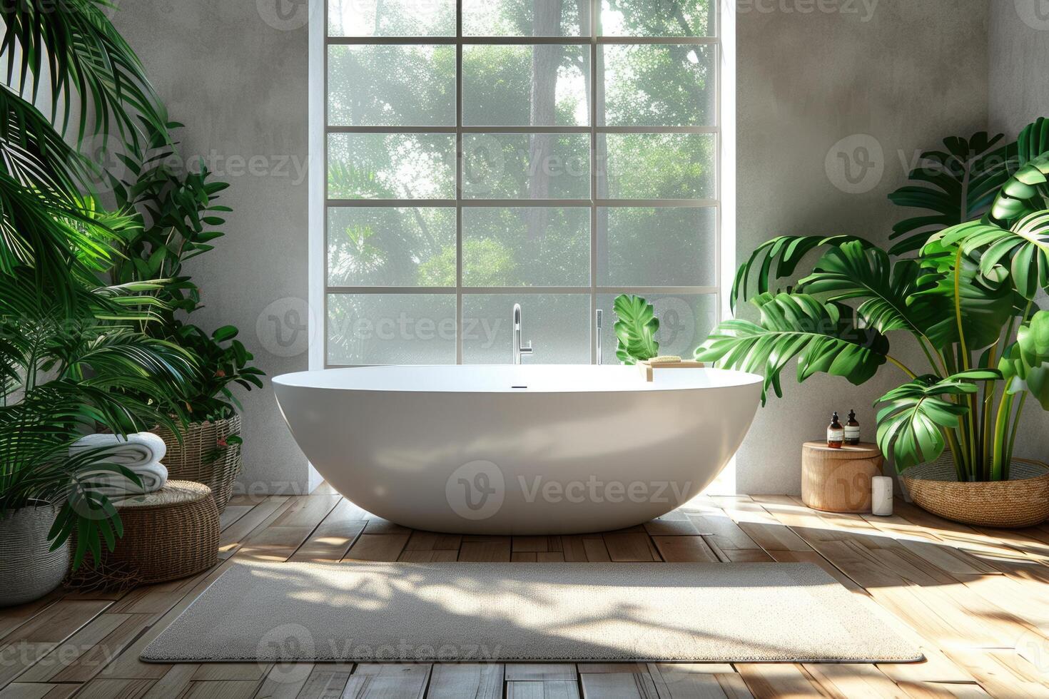 ai generiert modern Badezimmer minimalistisch Design, freistehend Wanne, umweltfreundlich Dekor beleuchtet umgeben durch üppig Innen- Pflanzen und gebadet im natürlich Licht, Wellness und Ruhe beim Zuhause foto