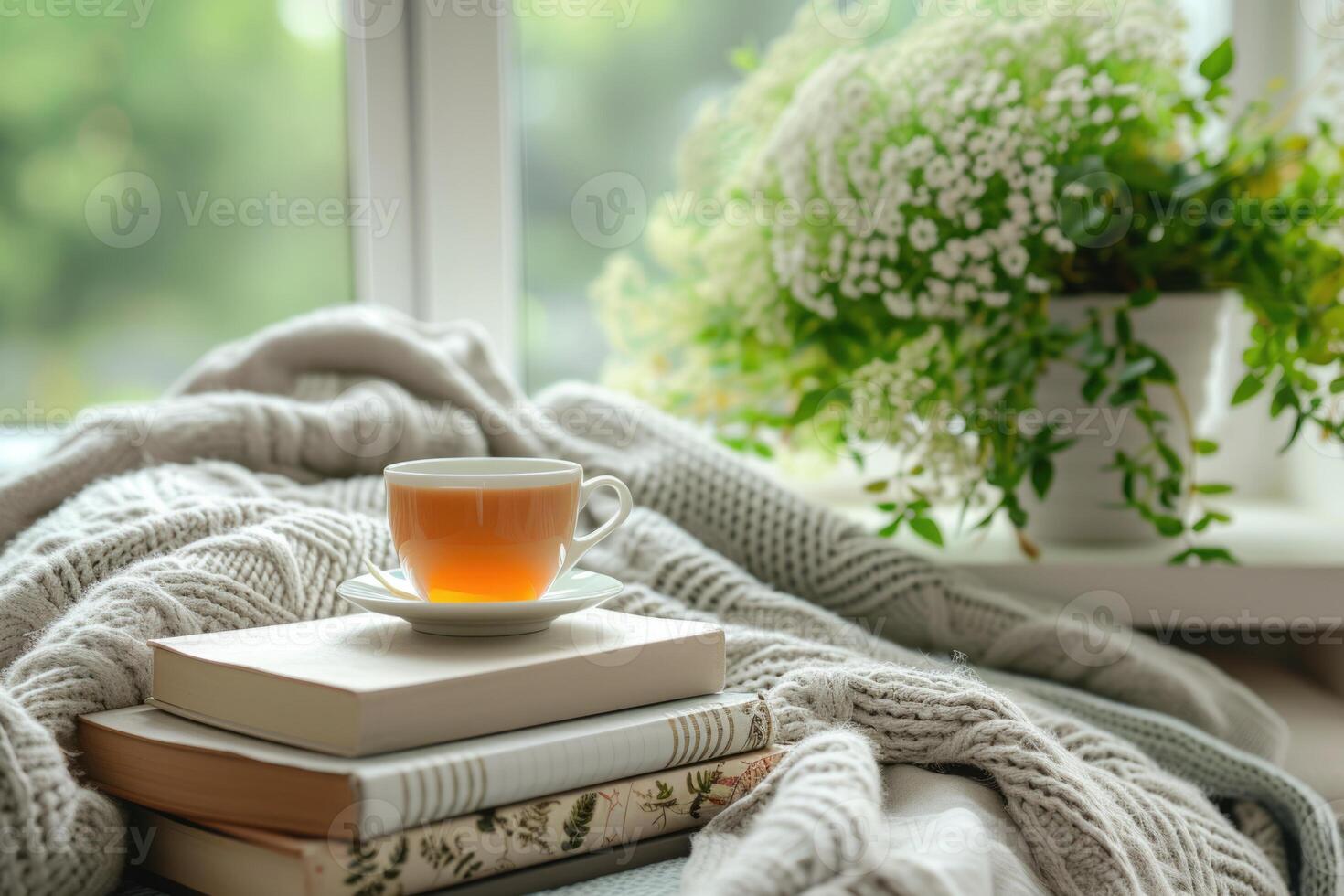 ai generiert ein minimalistisch lesen Winkel mit Wellness Bücher, Kräuter- Tee, und ein gemütlich werfen Decke zum ultimativ Entspannung und Selbstpflege, konzentriert Bücher, ein Sanft werfen, und ein beruhigend, KI-generiert foto