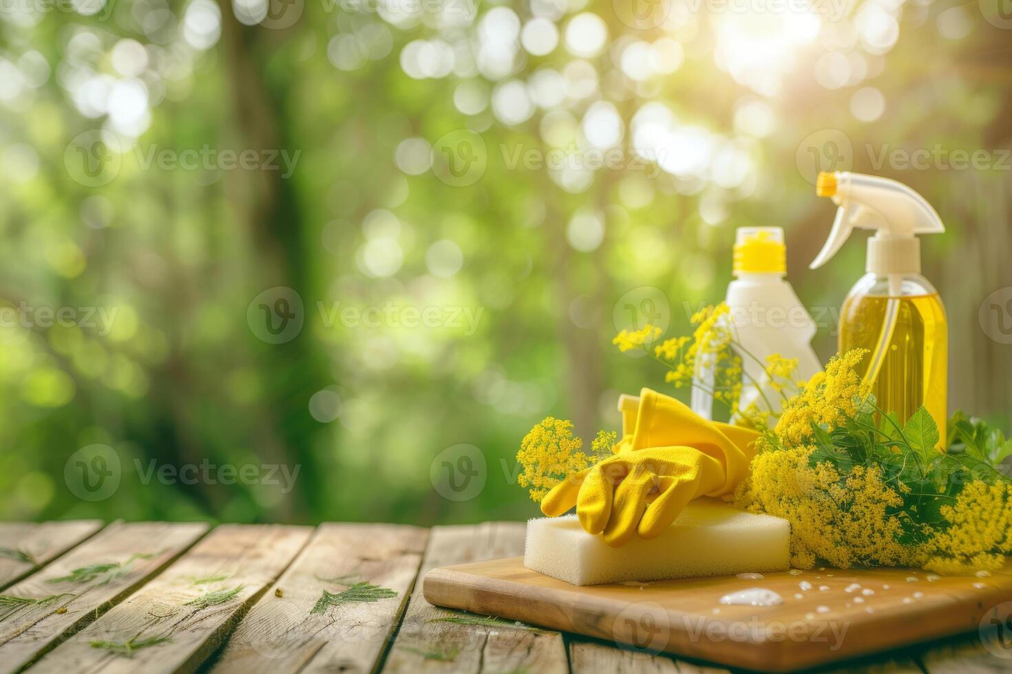 ai generiert Reinigung das Wesentliche einschließlich Gelb Handschuhe, Schwamm und sprühen Flasche. Frühling Reinigung Konzept. generativ ai foto