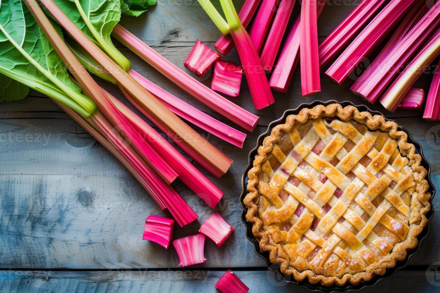 ai generiert Rhabarber Kuchen umgeben durch frisch Rhabarber Stiele. generativ ai foto