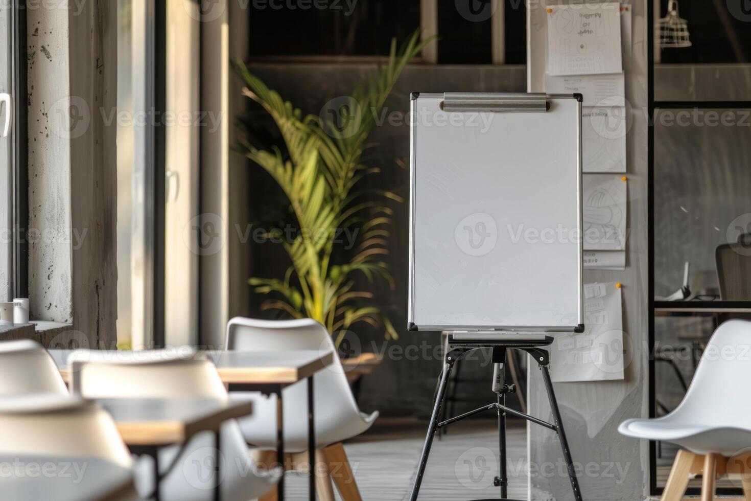 ai generiert Innere von modern Büro oder Klassenzimmer mit Flipchart. Konferenz Zimmer mit Möbel und Weiß Schreiben Tafel. generativ ai foto