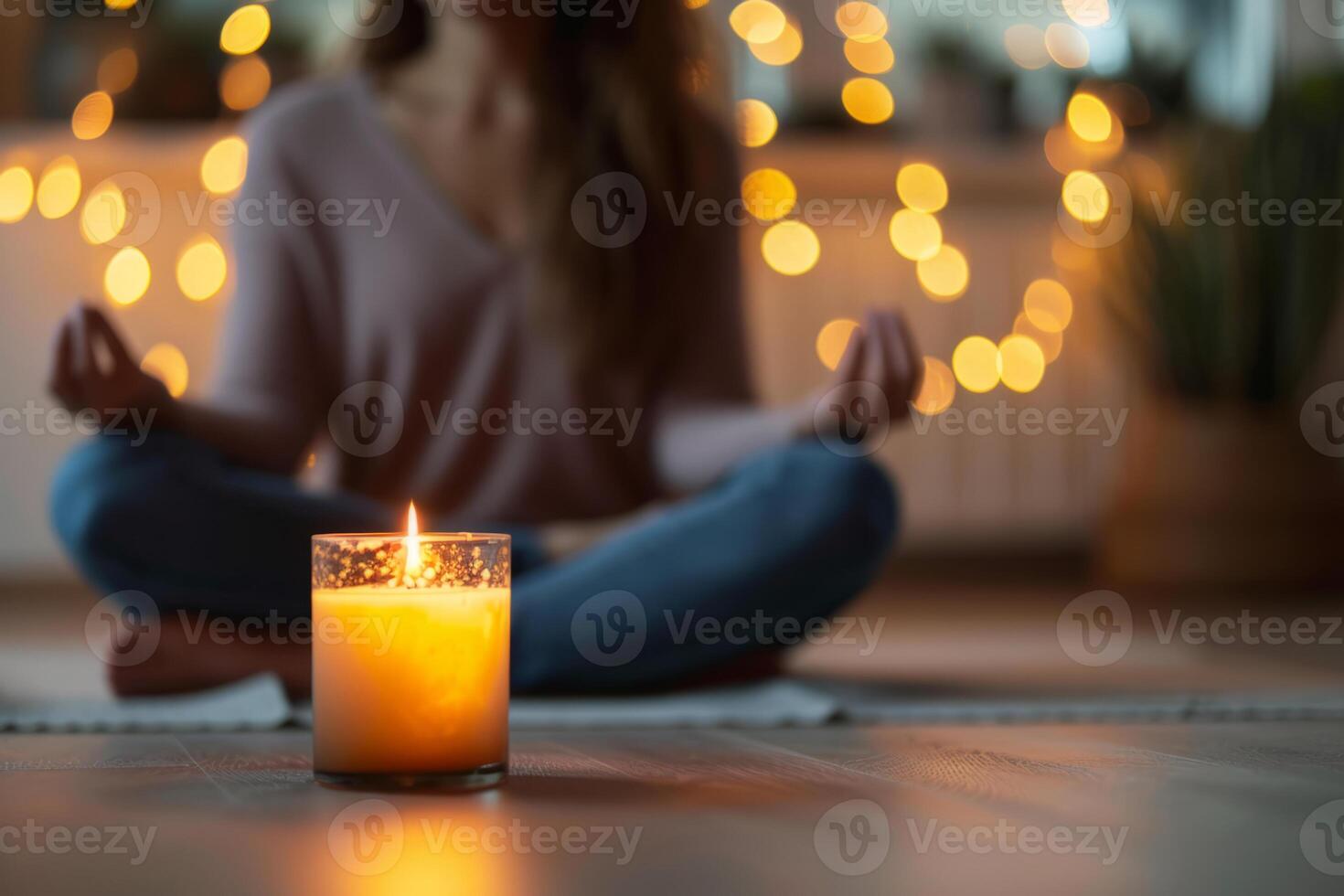 ai generiert Frau üben Meditation im das verschwommen Hintergrund mit Vorderseite Aussicht von ein duftend Kerze. generativ ai foto