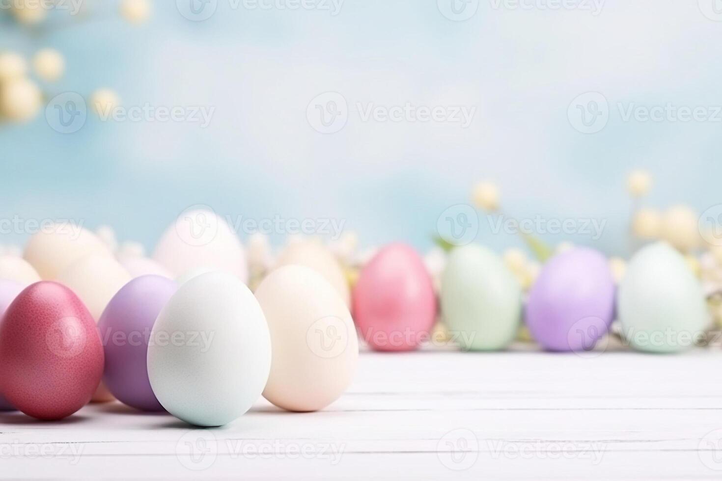 ai generiert festlich Ostern Hintergrund mit farbig Eier auf ein Weiß hölzern Tabelle und Blau Hintergrund. foto