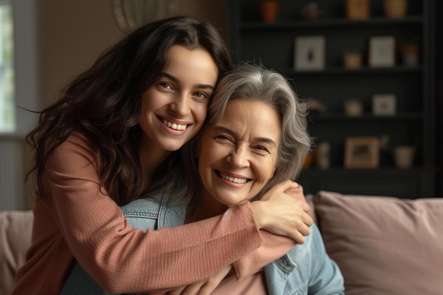 ai generiert Porträt von glücklich Mutter und Tochter umarmen. foto