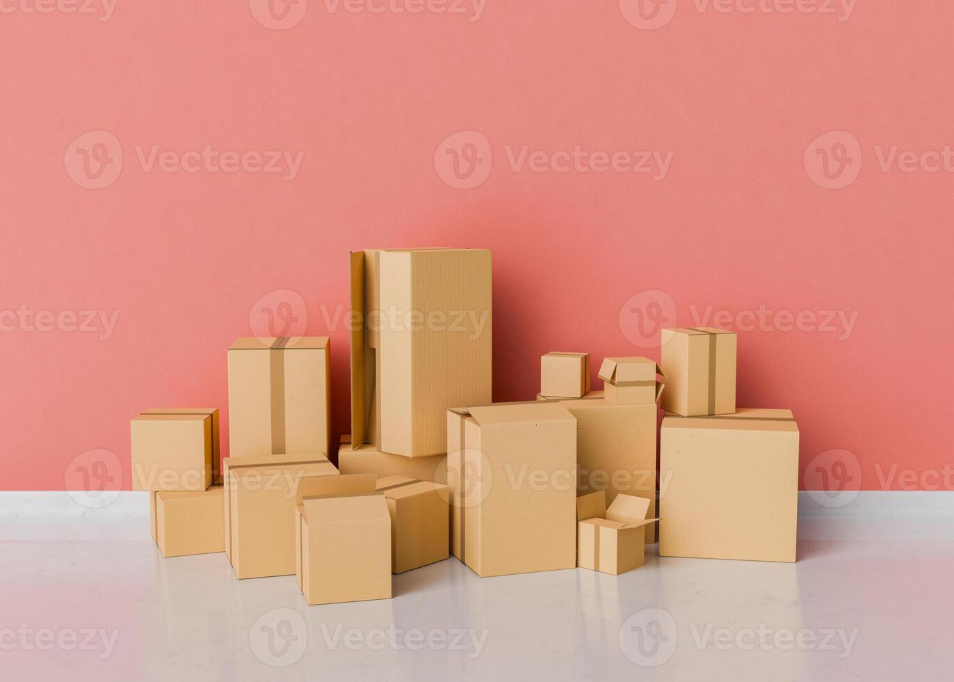 Stapel von verschiedene Größe Karton Kisten im ein Zimmer mit rot Mauer foto