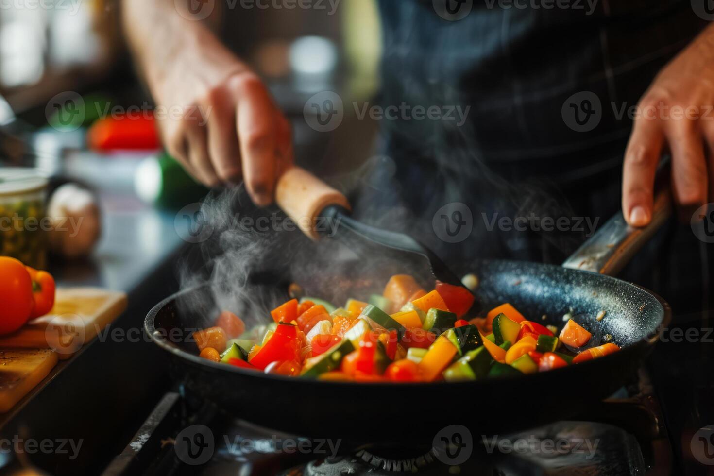 ai generiert Mann Kochen Gemüse im braten schwenken foto