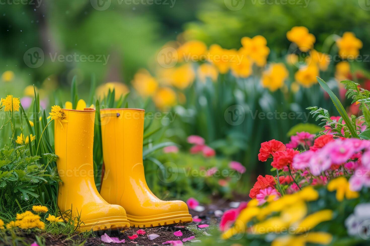 ai generiert Gelb Gummi Stiefel im Garten mit Blumen foto