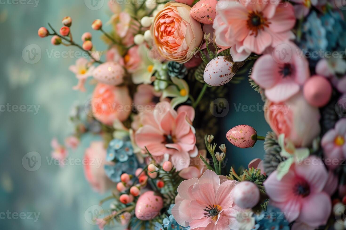 ai generiert Nahansicht von Ostern Kranz geschmückt mit zart Rosa Blumen, verkörpern das Wesen von Frühling foto