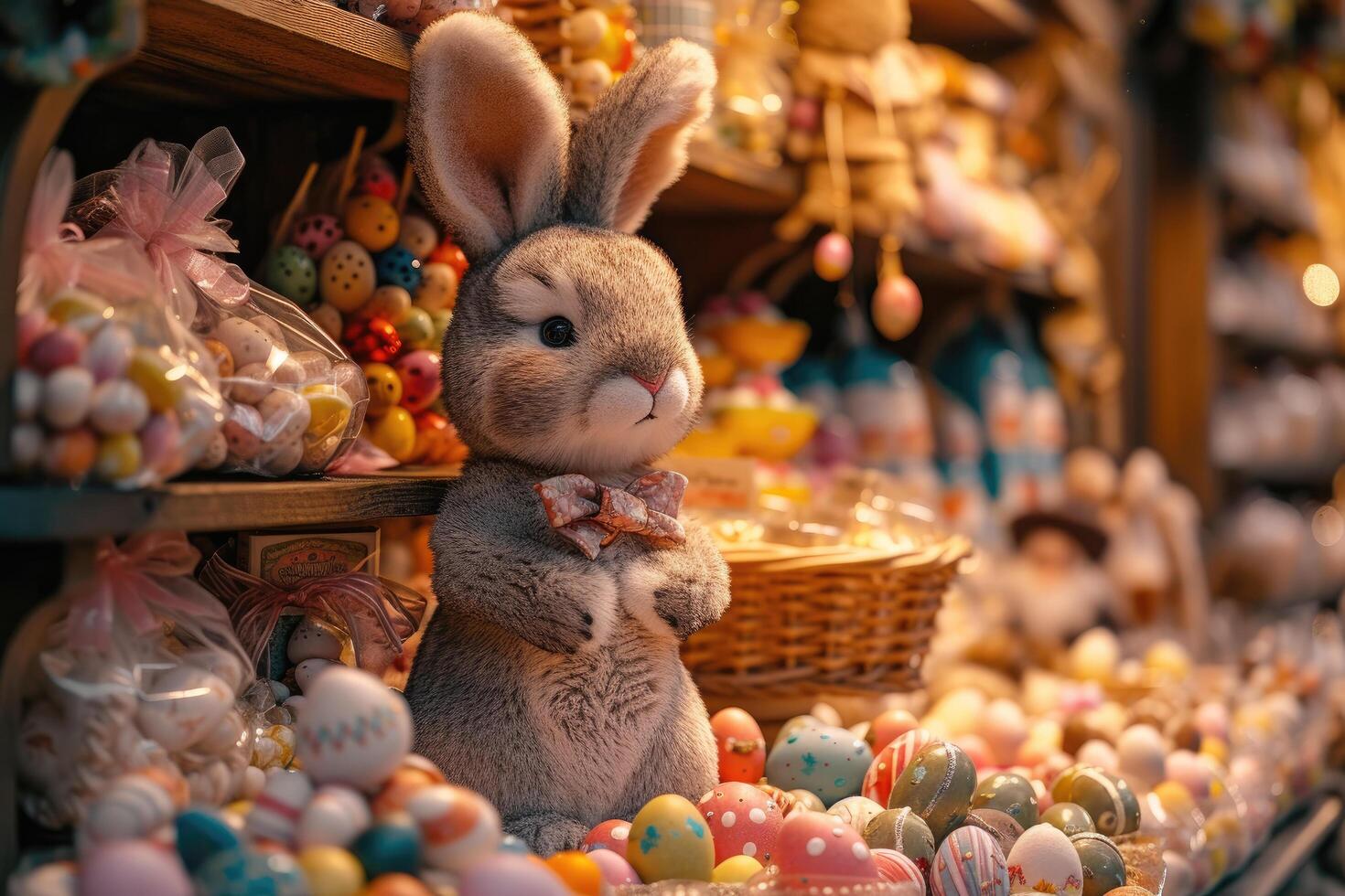 ai generiert Ostern Hase mit ist umgeben durch ein Sortiment von bunt Ostern Eier und Dekorationen foto