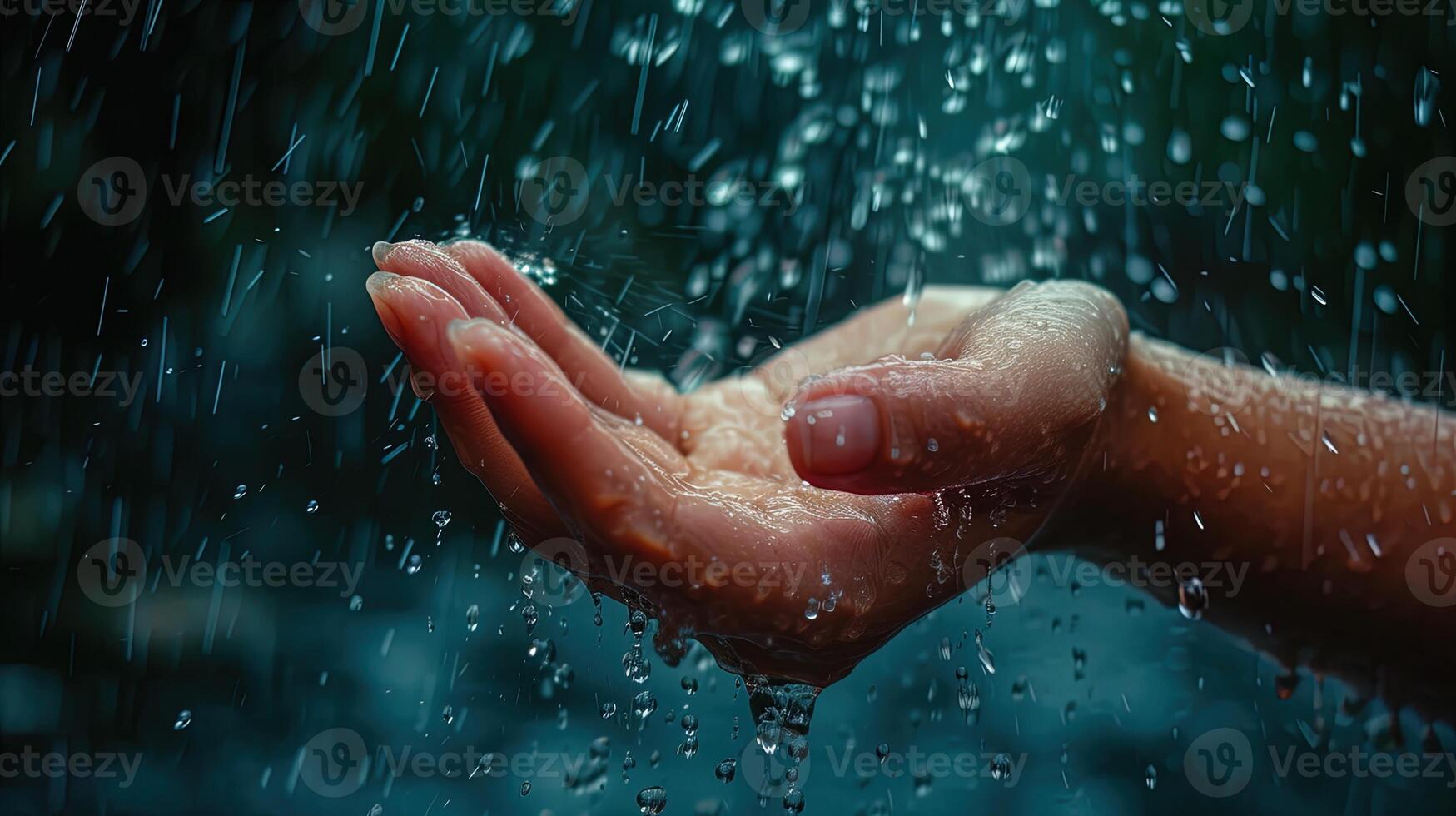 ai generiert schließen oben von Frau Hand unter Regen Tropfen auf verschwommen Hintergrund, ai generativ foto