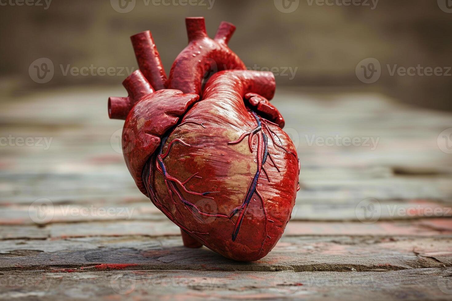 ai generiert ein Modell- von ein Mensch Herz auf ein hölzern Fußboden foto