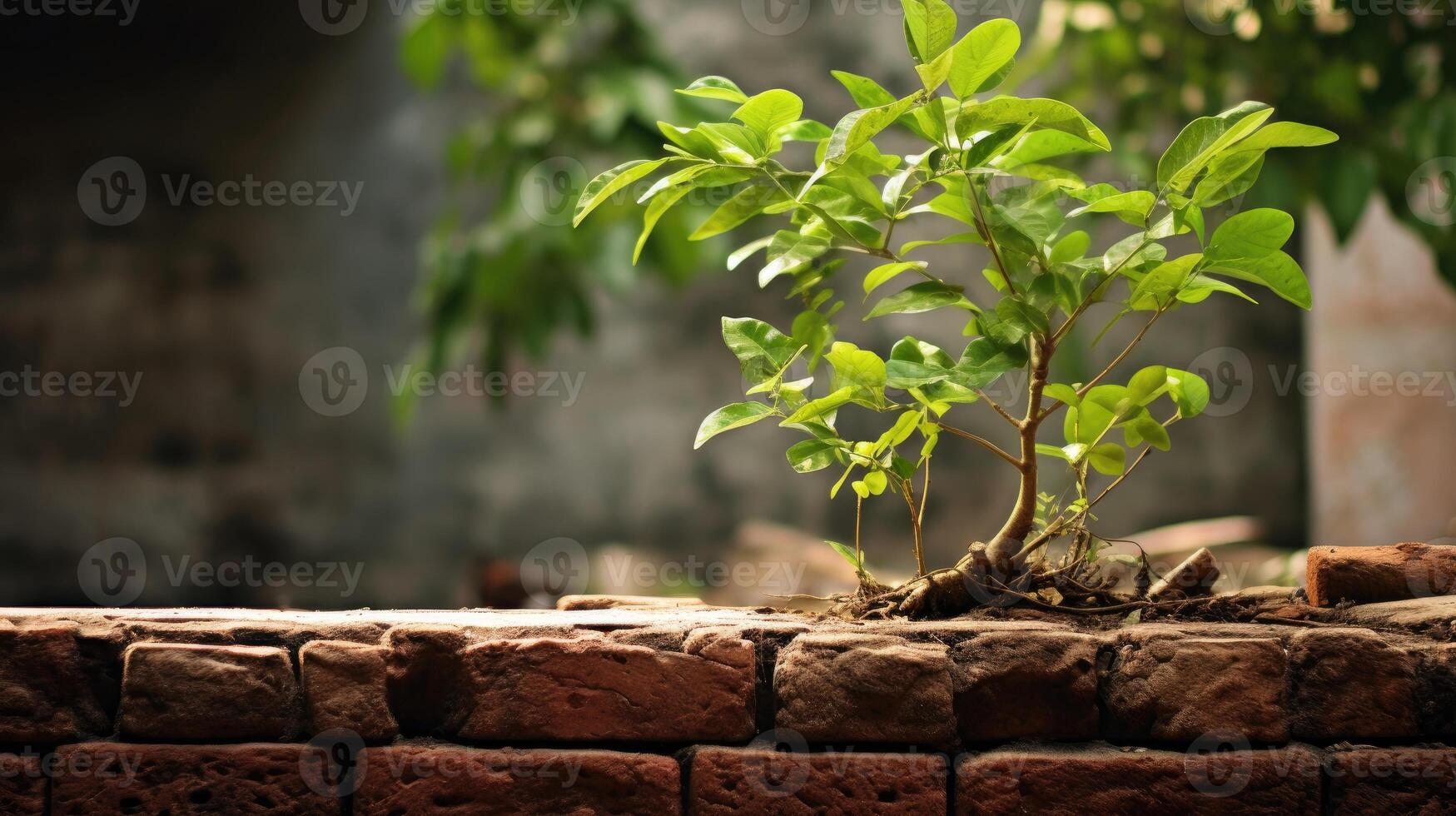 ai generiert klein Grün Pflanze wachsend oben aus von das alt Backstein Mauer. Konzept von Inspiration. foto