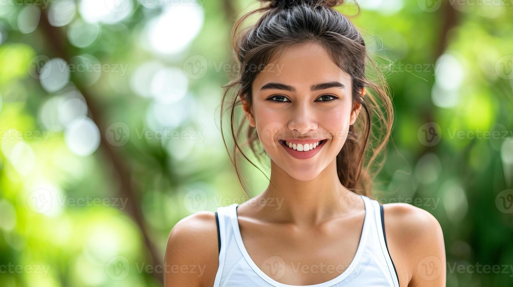 ai generiert aktiv jung Frau mit ein schön Lächeln Weg Laufen im ein Stadt Marathon- und Triathlon Rennen foto