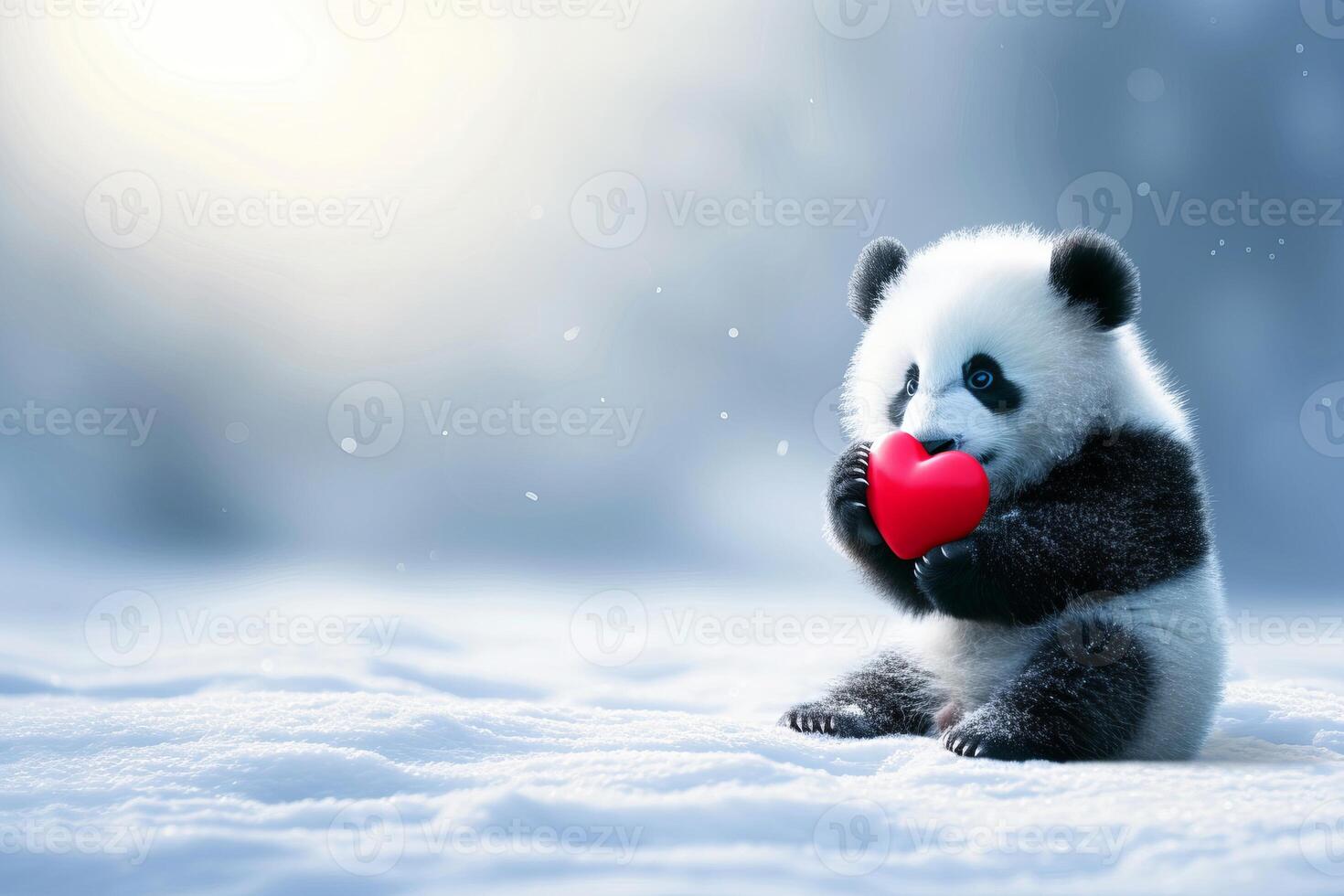 ai generiert Panda Jungtier präsentieren Herz geformt Geschenk auf magisch verschwommen Hintergrund, Valentinstag s Tag, süß Tiere foto