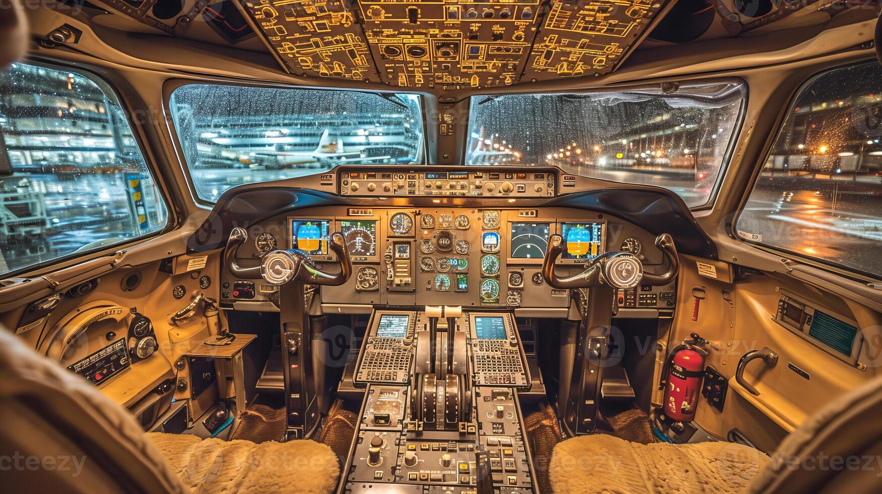 ai generiert bürgerlich Flugzeug Flug Deck Innere mit Steuerung Panel und Pilot Sitze im das Abend foto