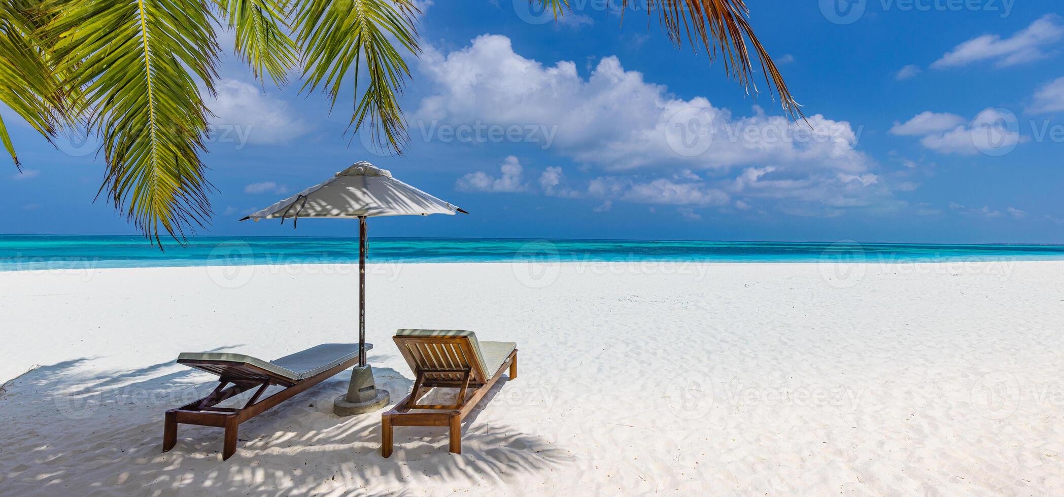 Fantastisch tropisch Strand Banner. Weiß Sand, Palme Blätter Reise Tourismus breit Panorama- Hintergrund Konzept. tolle Strand Landschaft. Boost oben Farbe Verfahren. Luxus Insel Resort Ferien oder Urlaub foto