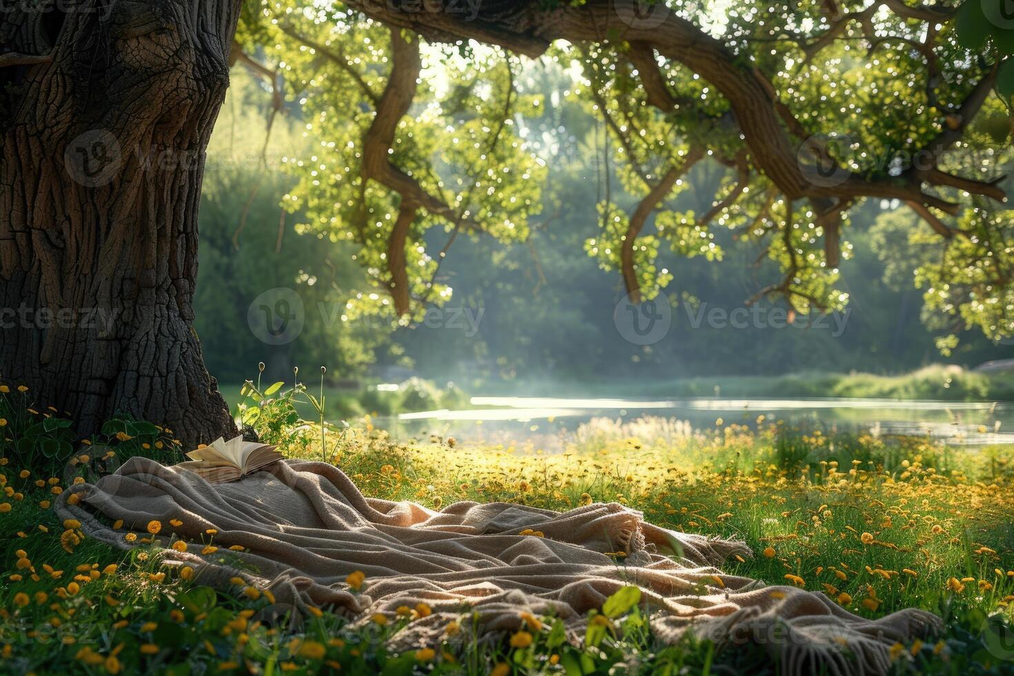 ai generiert ein Decke und ein Buch unter ein Baum im ein sonnig Frühling Park Fachmann Fotografie foto